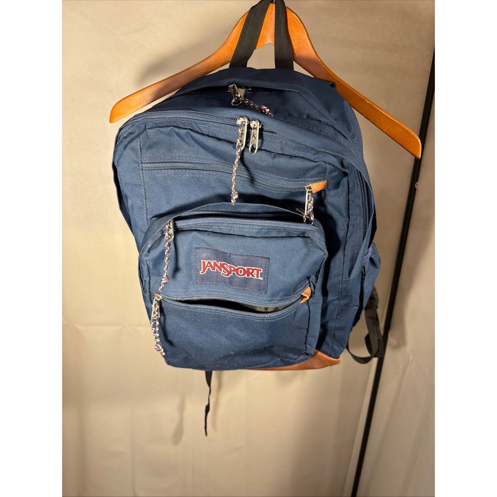 JanSport Backpack Unisex OS Navy Blue Excellent Faux Leather Bottom Multi-Pocket